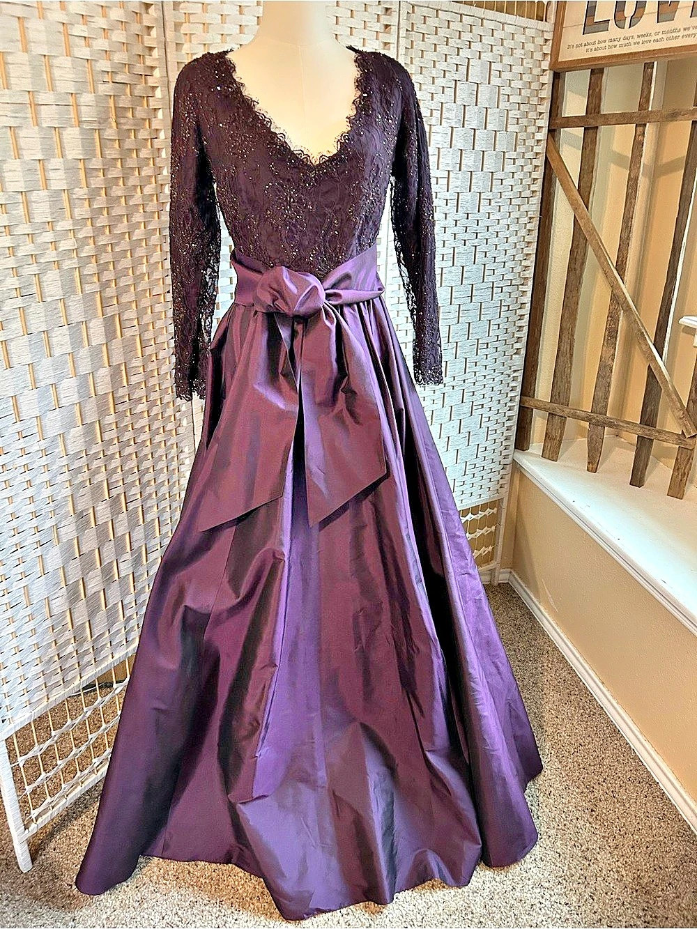 CATHERINE REGEHR Designer Silk Taffeta Ball Gown Dress Beaded Lace Deep Plum S